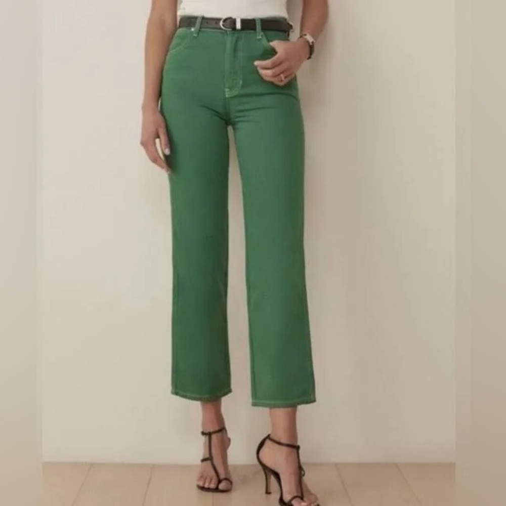SOLD. Reformation Cowboy High Rise Straight Jeans Green Denim NWT Size 24 - Picture 1 of 9